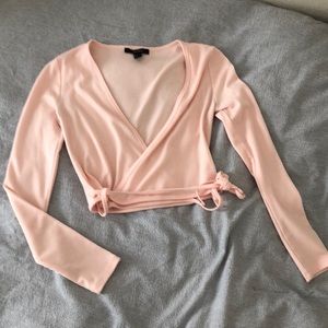 Baby Pink Ribbed Long Sleeve Wrap Tie Top